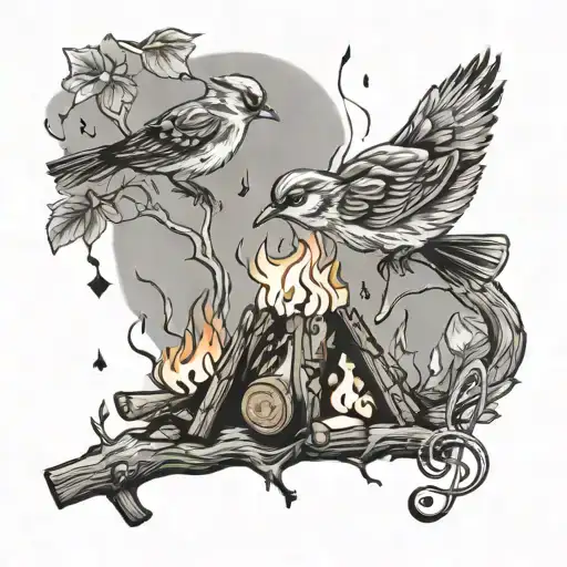 campfire with bird and music notes tattoo design idea