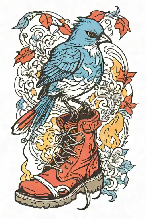 campfire, blue bird, musical note, red boots tattoo design idea