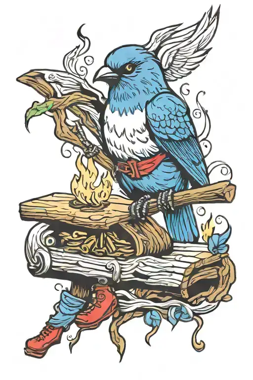 campfire with a blue bird, musical note and red boots  tattoo design idea