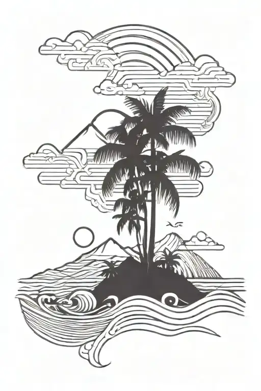 tropical island beach scene with palm trees, waves, mountains and sunset tattoo design idea