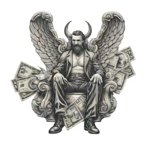 Design a tattoo of Lucifer sitting on a throne made of dollar bills, representing him as the King of Hell in a modern context tattoo design idea