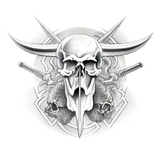 raven skull with two battle axes and runes viking tattoo design idea