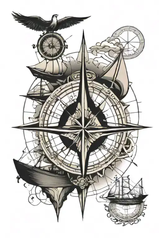 A compass with a sail boat, hourglass, and map tattoo design idea