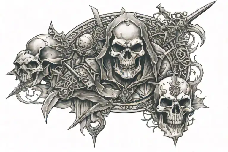 tatto excision on the sleeve, in style  Middle Ages, fight knights, coin, skulls, war, graves tattoo design idea