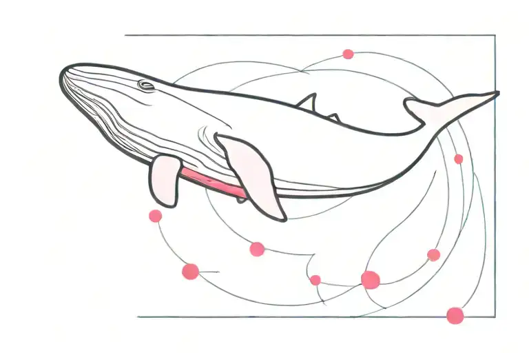 A minimalist design of a black whale swimming in a blue wave and a pink text of 52 Hz surround by a red text of PLOYCHI tattoo design idea