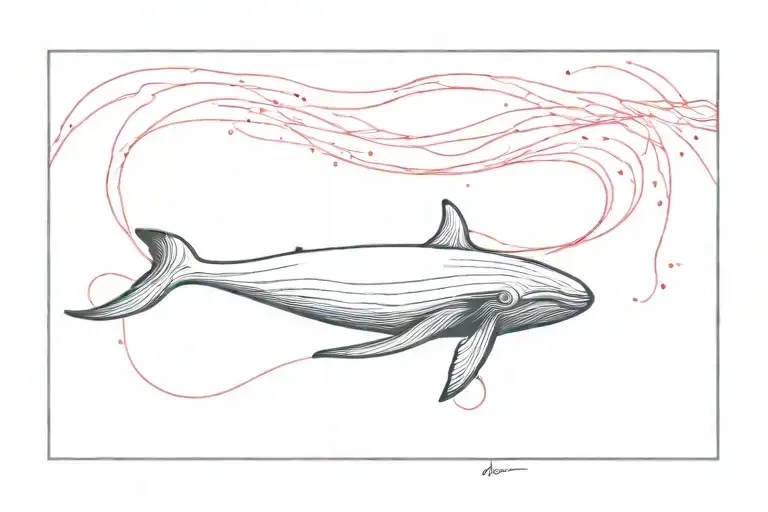 A minimalist design of a black whale swimming in a blue wave and a pink text of 52 Hz surround by a red text of PLOYCHI tattoo design idea