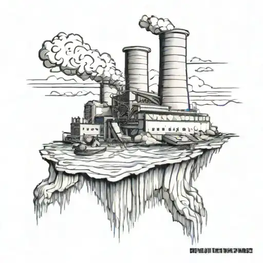 A realistic tattoo of a nuclear power plant with a submarine emerging from the water in front of it tattoo design idea