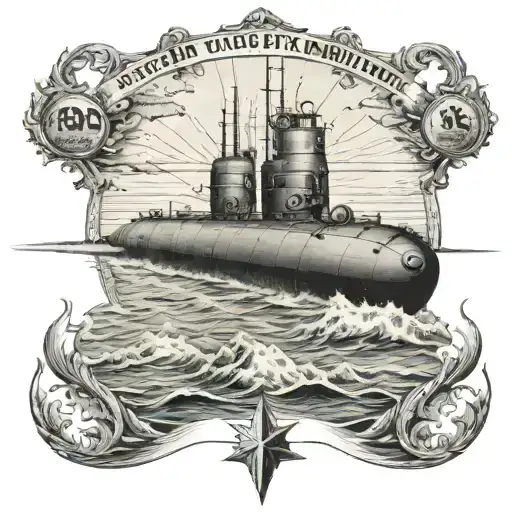 A detailed and realistic tattoo of a nuclear submarine navigating the depths of the Pacific Ocean tattoo design idea