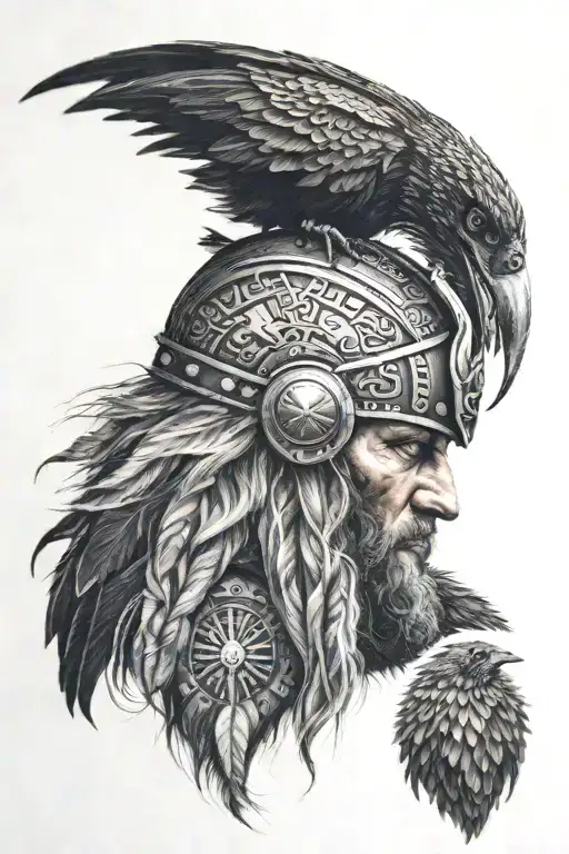 Viking with a bear head helmet and vegvisir symbol and a crow tattoo design idea