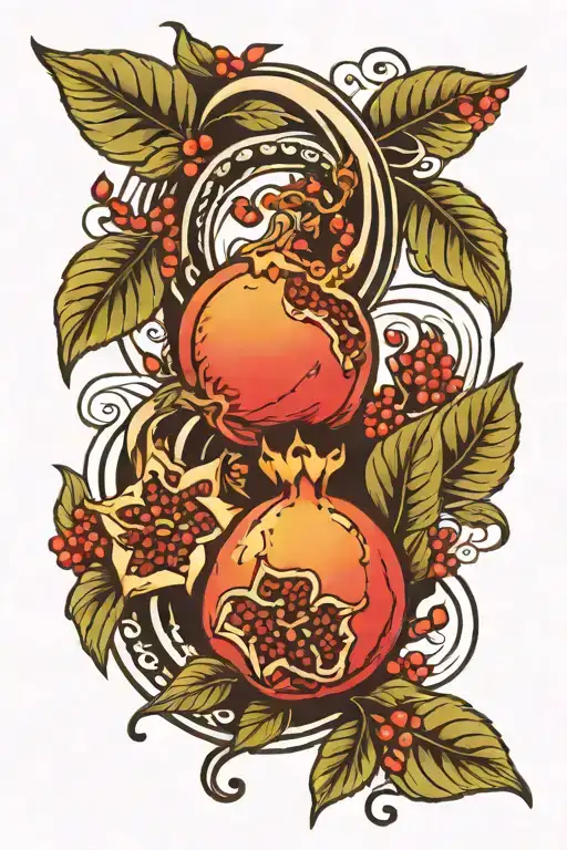 Spiral with pomegranate and pomegranate flower composition tattoo design idea