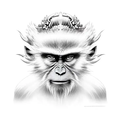 A realistic portrait of Wukong the monkey king surrounded by traditional Japanese mythological creatures tattoo design idea