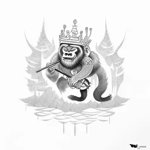 wu kong the mokey king swinging through a forest tattoo design idea