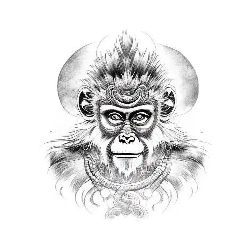A realistic portrait of Wukong the monkey king surrounded by traditional Japanese mythological creatures tattoo design idea