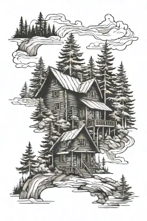 Cabin surrounded by pine trees tattoo design idea