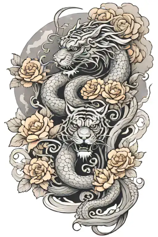 Dragon and tiger locked in battle where half of the tatto is in the clouds with flowers to and the other side with fire  tattoo design idea