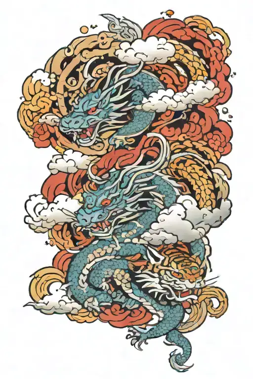 Dragon and tiger locked in battle where half of the tatto is in the clouds with flowers to and the other side with fire  tattoo design idea
