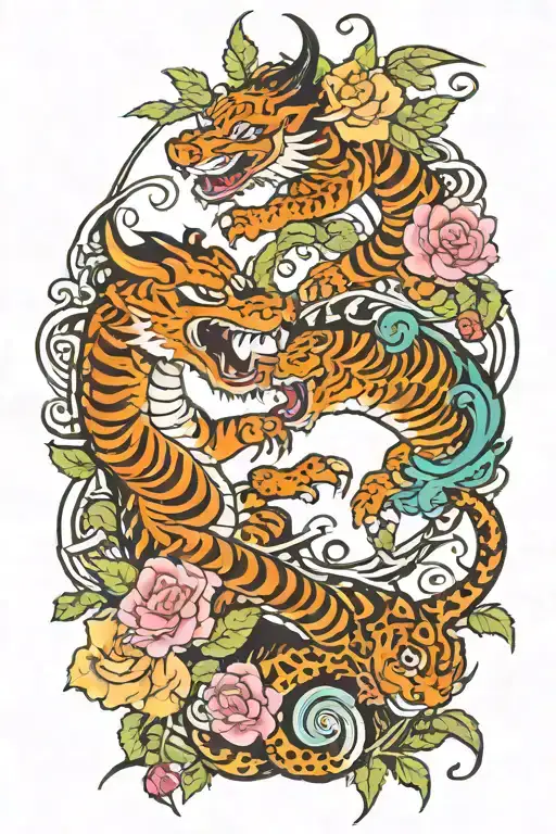 dragon and tiger locked in battle with flowers and vines and a swird going through them in a eastern and traditional des tattoo design idea