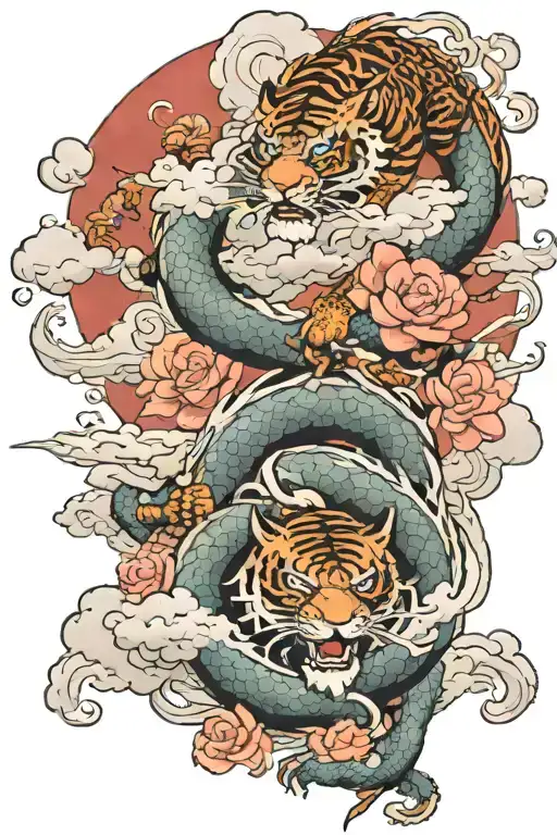 Dragon and tiger locked in battle where half of the tatto is in the clouds with flowers to and the other side with fire  tattoo design idea