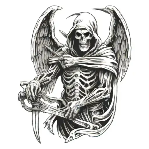 grim reaper holding a scythe to angels neck tattoo design idea
