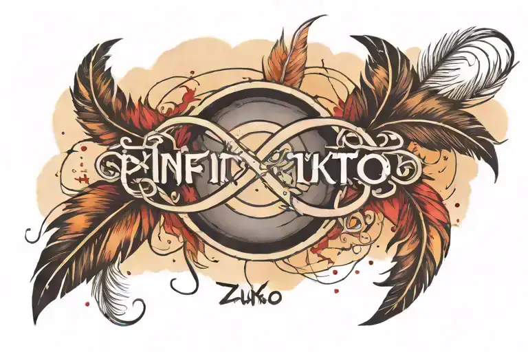 infinity sign with Zuko written on one side with a water colour feather in the background tattoo design idea