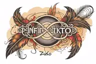 infinity sign with Zuko written on one side with a water colour feather in the background tattoo design idea