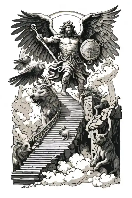 stairway to heaven surrounded by angel gabriel killing a beast, a bear, an eagle, a wolf, a lion, sword, shield and axe  tattoo design idea