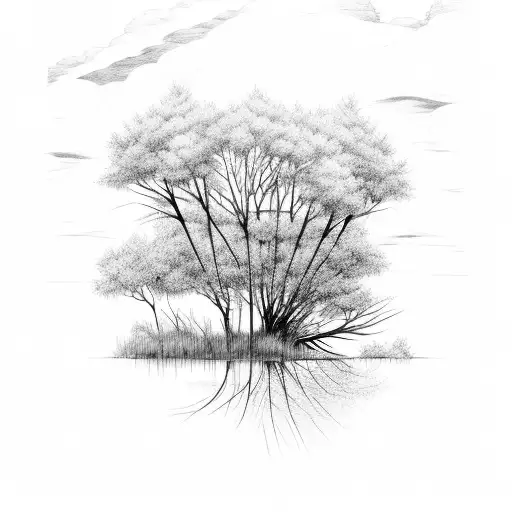 trees, creek, fish, clouds tattoo design idea
