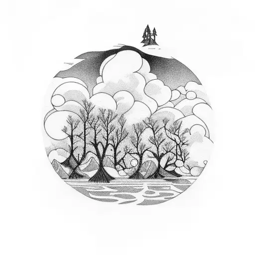 trees, creek, fish, clouds tattoo design idea
