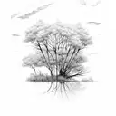 trees, creek, fish, clouds tattoo design idea