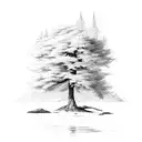 trees, creek, fish, clouds tattoo design idea