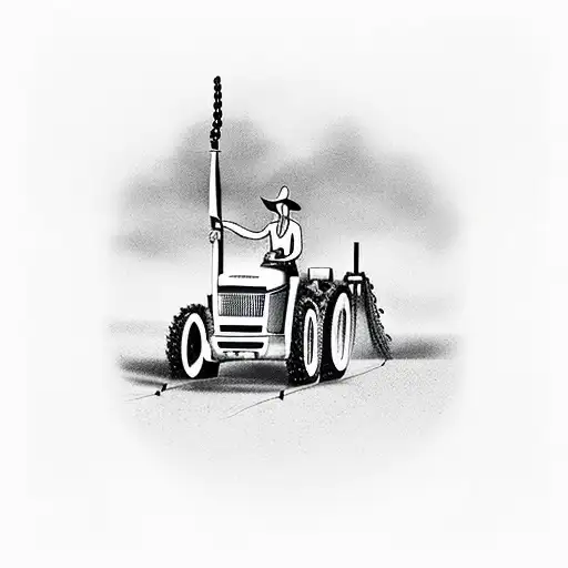 A tractor with chains whipping out of it in front of a tall spear going over wheat crops tattoo design idea