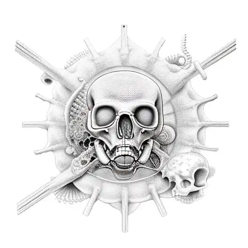 biomechanics with bones and sea creatures tattoo design idea