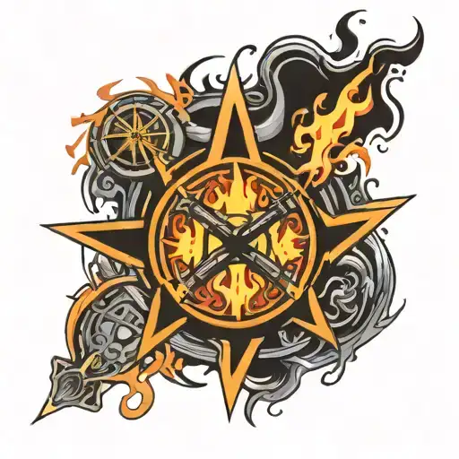 Incorporate elements of video game controllers and symbols into a pentagram design with a circle of flames tattoo design idea