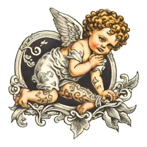 Baby angel with curly blond hair with tattoos on his arms and hands tattoo design idea