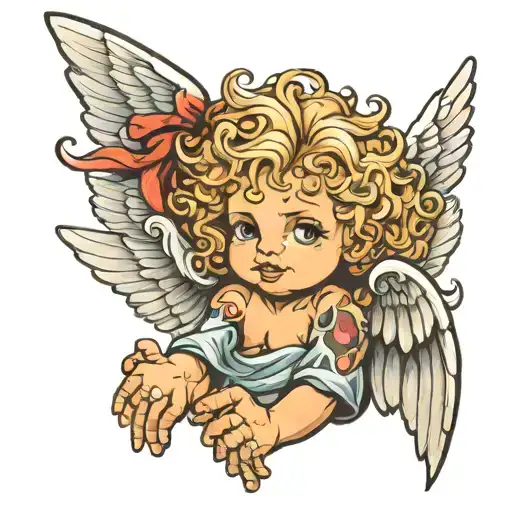 Baby angel with curly blond hair with tattoos on his arms and hands tattoo design idea