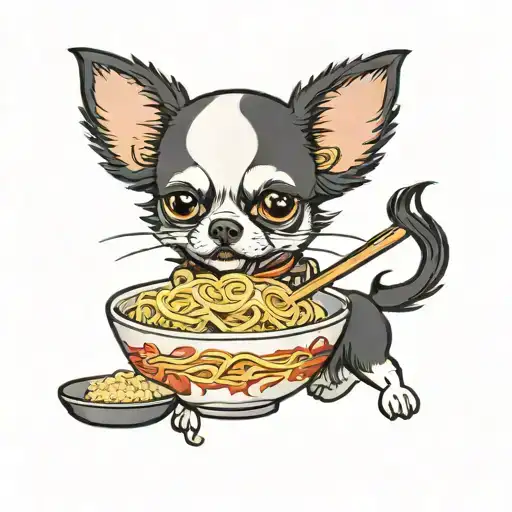 Chihuahua eating ramen noodles in a bowl of ramen noodles tattoo design idea