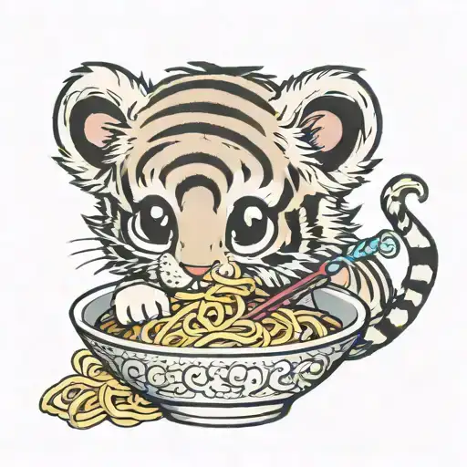 Baby tiger cub eating ramen noodles in a bowl of ramen noodles tattoo design idea