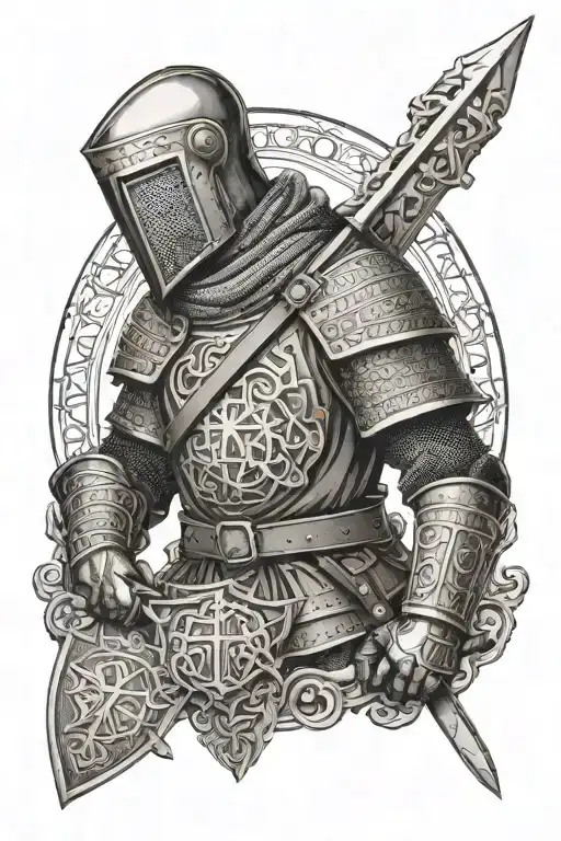 Incorporate the St Benedict's medal and knight templar imagery into a dotwork tattoo of a soldier in battle tattoo design idea