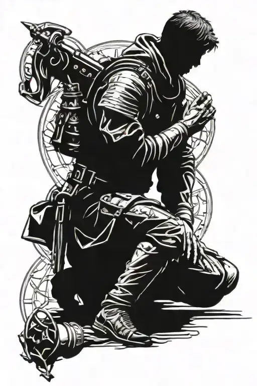 Create a blackwork tattoo of a soldier kneeling in prayer with the St Benedict's medal and knight templar symbols in the background tattoo design idea