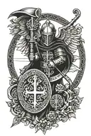 Combine elements of the St Benedict's medal with a knight templar symbol in a blackwork style tattoo design idea