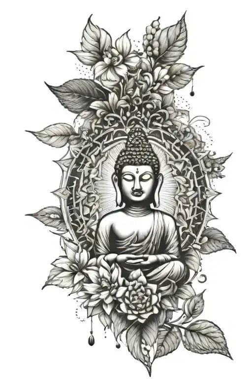 An intricate mandala design incorporating elements of nature and the Buddha, symbolizing inner peace and enlightenment tattoo design idea