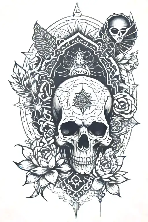 Black Lotus and Pharaoh skull surrounded by hieroglyphics tattoo design idea