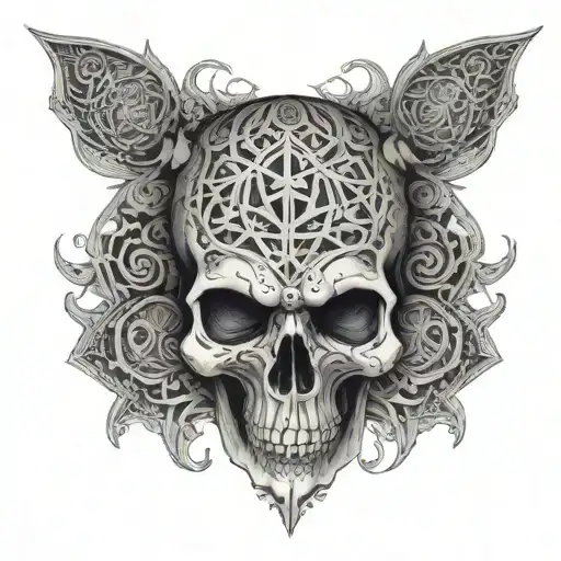A skull with intricate geometric patterns inspired by heavy metal album art tattoo design idea