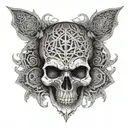 A skull with intricate geometric patterns inspired by heavy metal album art tattoo design idea