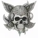 A skull with intricate geometric patterns inspired by heavy metal album art tattoo design idea