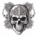 A skull with intricate geometric patterns inspired by heavy metal album art tattoo design idea