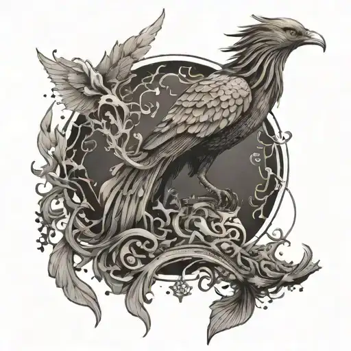 A phoenix made up of intricate musical instruments, perched on a cliff overlooking the ocean with a cat at its feet tattoo design idea