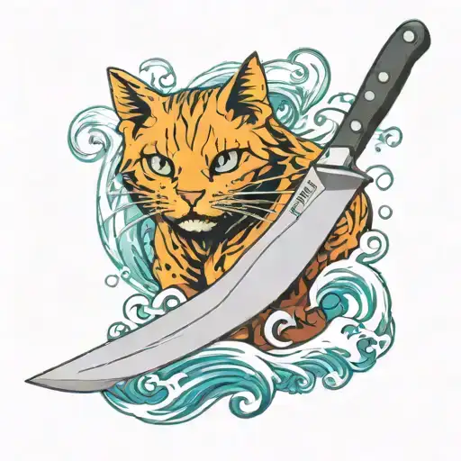 A chef's knife morphing into a Marvel superhero symbol, surrounded by ocean waves and a cat silhouette tattoo design idea