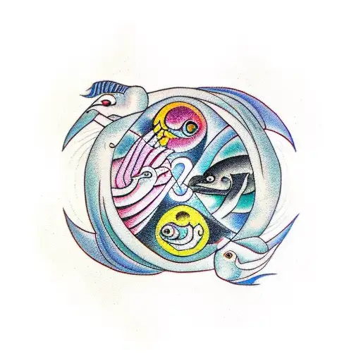 Yin and Yang represented by two fish with the Arabic word karma in the centre tattoo design idea