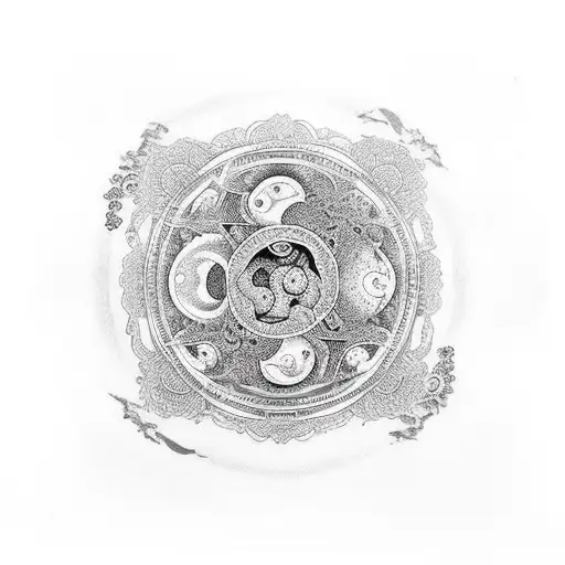 ying e yang fatto da pesci con al centro dello ying e dello yang la parola araba karma  tattoo design idea